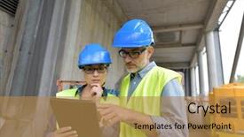  Presentation with factory workers - Slide deck having workers using tablet outside factory background and a gold colored foreground