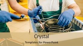  Presentation with refrigerator - Presentation design consisting of workers with burner repairs refrigerator background and a yellow colored foreground