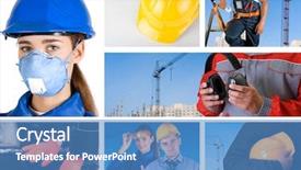  Presentation with danger - Presentation design enhanced with workers with equipment on building background and a teal colored foreground