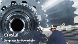  Presentation with wheel axle - Cool new PPT theme with workers with giant cogwheels axle backdrop and a ocean colored foreground