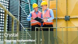  Presentation with industrial workers - Slide set having workers with helmet and safety background and a ocean colored foreground