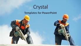  Presentation with construction equipment - PPT layouts featuring workers with pneumatic hammer drill background and a light blue colored foreground