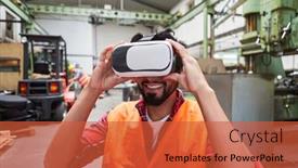  Presentation with factory workers - Audience pleasing slide deck consisting of workers-with-vr-glasses-simulating backdrop and a red colored foreground