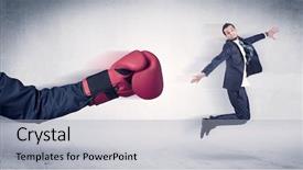  Presentation with boxing - Slides consisting of workforce replacement - huge boxing gloves punches innocent background and a  colored foreground