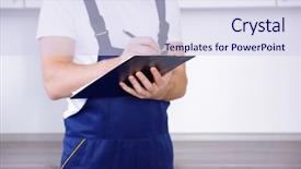  Presentation with maufacture of security uniform - Cool new PPT theme with workforce replacement - plumber in uniform holding clipboard backdrop and a  colored foreground