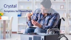  Presentation with wheelchair - Slide set with workfunction - computer repairman on wheelchair working background and a sky blue colored foreground