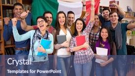  Presentation with students hands raised - Cool new slide set with workgroup - smiling students with raised hands backdrop and a ocean colored foreground