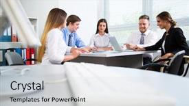  Presentation with young business people - Colorful presentation design enhanced with workgroup - young business people discuss backdrop and a sky blue colored foreground