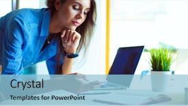  Presentation with woman office desk - Presentation theme enhanced with working alone - beautiful young business woman sitting background and a  colored foreground