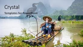  Presentation with fisherman - Theme featuring working alone - cormorant fisherman and his bird background and a light blue colored foreground