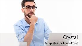  Presentation with head - Colorful presentation design enhanced with working alone - man holding laptop over head backdrop and a light gray colored foreground