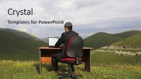  Presentation with mountain view - Cool new slide set with working alone - rear view of businessman using backdrop and a light gray colored foreground
