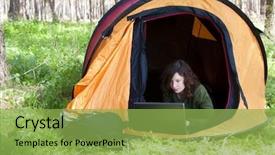  Presentation with laptop - Slides enhanced with working alone - young woman using laptop background and a  colored foreground