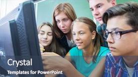  Presentation with computers - Cool new PPT layouts with working at computers in classroom backdrop and a ocean colored foreground