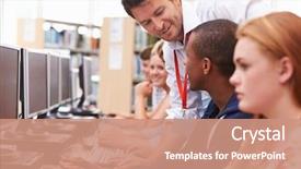  Presentation with computers - PPT theme with working at computers in library background and a coral colored foreground