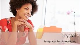  Presentation with business women - Slides with working at desk in design background and a coral colored foreground