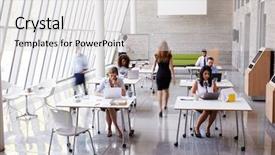  Presentation with working - Presentation theme consisting of working at desks in office background and a light gray colored foreground