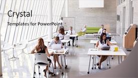  Presentation with working - Slide deck enhanced with working at desks in office background and a light gray colored foreground