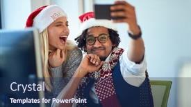  Presentation with happy holiday - Audience pleasing slide set consisting of working at holiday at office happy business people work at christmas and take selfie in santa hat backdrop and a navy blue colored foreground