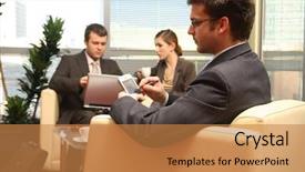  Presentation with young business people - Audience pleasing theme consisting of working at laptop and palmtop backdrop and a coral colored foreground