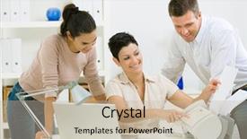  Presentation with team people hugging - Audience pleasing theme consisting of working at office using fax backdrop and a soft green colored foreground