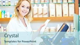  Presentation with portrait of excited overjoyed female - Slide set consisting of working at the cash register background and a sky blue colored foreground