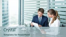  Presentation with people - PPT theme featuring working business people in office background and a  colored foreground