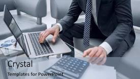  Presentation with corporate financial analysis - Cool new presentation theme with working capital management - close up businessman works backdrop and a light blue colored foreground