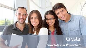  Presentation with college students and laptop - Slides consisting of working classes - portrait of cheeful college students background and a  colored foreground
