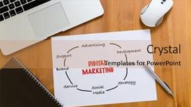  Presentation with desk - PPT theme with working-desk-with-laptop-computer background and a coral colored foreground