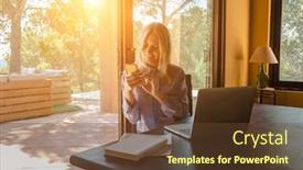  Presentation with free family - Colorful PPT theme enhanced with working-from-home-woman-talking backdrop and a tawny brown colored foreground