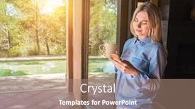  Presentation with free family - Beautiful slide set featuring working-from-home-woman-talking backdrop and a coral colored foreground