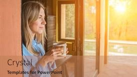  Presentation with social life - Presentation design consisting of working-from-home-woman background and a coral colored foreground