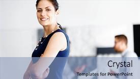  Presentation with worker - Theme having working girl - attractive office worker standing background and a  colored foreground