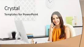  Presentation with talking on phone - Beautiful slide deck featuring working girl - beautiful successful woman talking backdrop and a  colored foreground