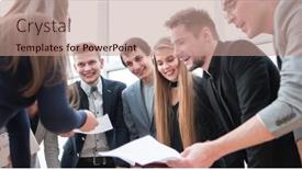  Presentation with financial - PPT theme with working-group-discussing-the-new background and a coral colored foreground