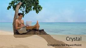  Presentation with tropical holiday - PPT theme consisting of working holiday - attractive man with laptop seated background and a coral colored foreground