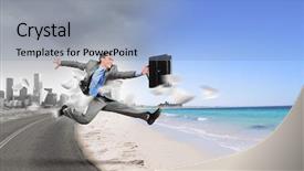  Presentation with holiday - Colorful presentation design enhanced with working holiday - image of businessman running away backdrop and a light blue colored foreground