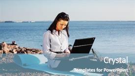  Presentation with laptop - Slides enhanced with working holiday - woman with laptop background and a  colored foreground