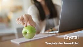  Presentation with dark green - Slides with working hours - dark-haired woman at work holding background and a coral colored foreground