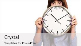  Presentation with clock - PPT theme having working hours - young girl holding a clock background and a white colored foreground