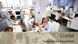  Presentation with busy - Amazing slide deck having working in a busy office backdrop and a coral colored foreground