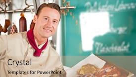  Presentation with butcher shop - Presentation having working in a butchers shop - a butcher with barbeque steaks background and a soft green colored foreground