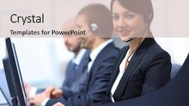  Presentation with customer service lifting the words - Cool new PPT theme with businesspeople talkin telephone - female customer services agent backdrop and a soft green colored foreground