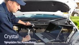  Presentation with auto repair - PPT theme featuring working in auto repair shop background and a tawny brown colored foreground