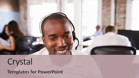  Presentation with customer service - Slide deck featuring working in busy customer service background and a mint green colored foreground