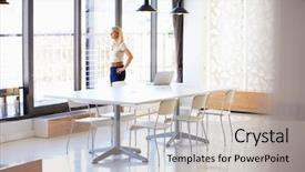  Presentation with board meeting room chairs - Cool new PPT layouts with working in empty meeting room backdrop and a light gray colored foreground