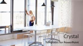  Presentation with board meeting room chairs - PPT layouts having working in empty meeting room background and a  colored foreground