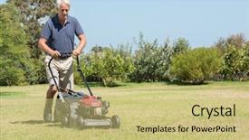  Presentation with green lawn - Colorful PPT theme enhanced with working in garden cutting grass backdrop and a yellow colored foreground