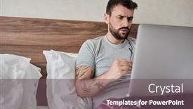  Presentation with bed hotel - PPT theme with working in hotel room serious man using laptop computer while sitting in bed background and a violet colored foreground